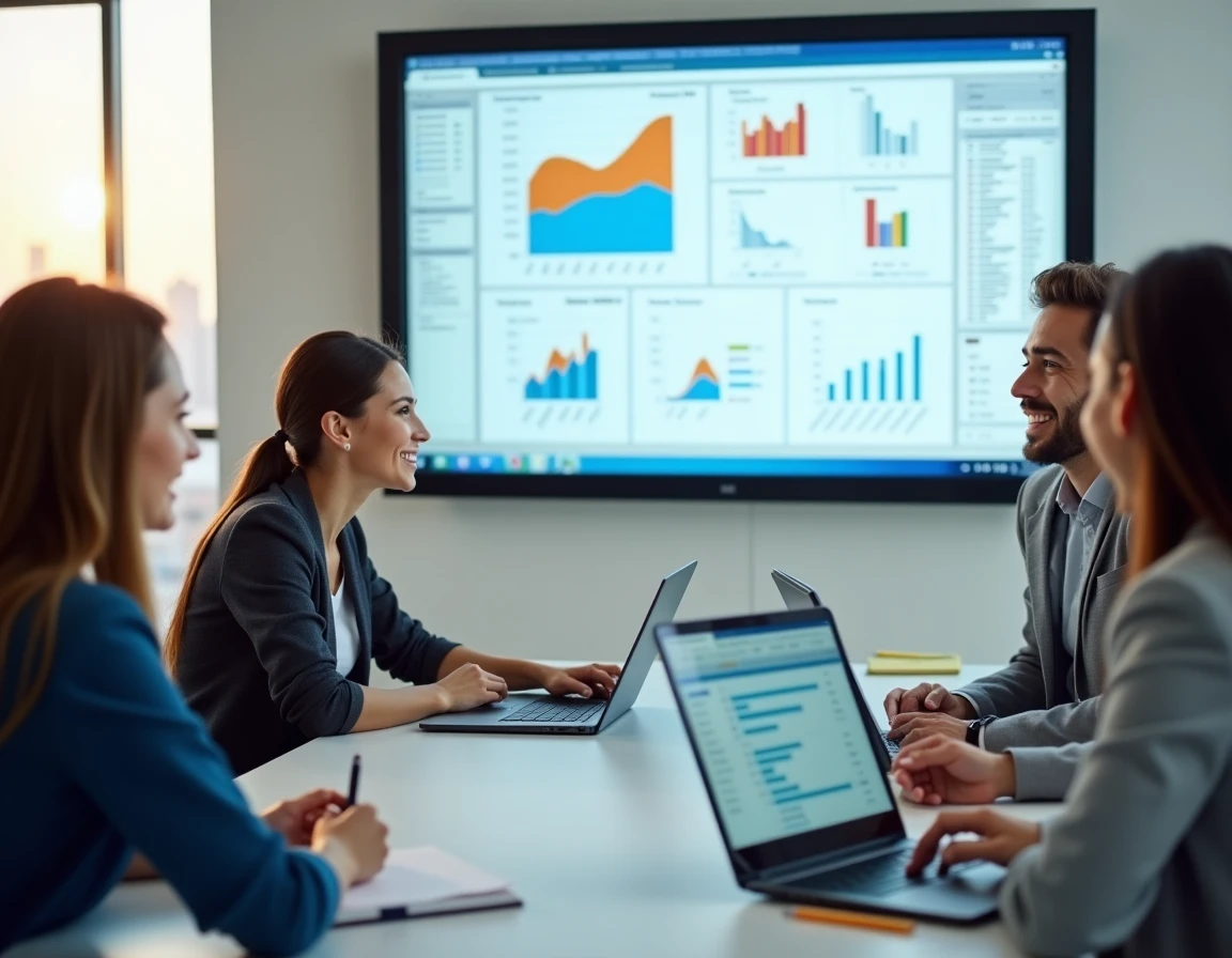 Groupe de professionnels en formation diplômante SEO autour d'une table de conférence avec présentation de cours sur écran