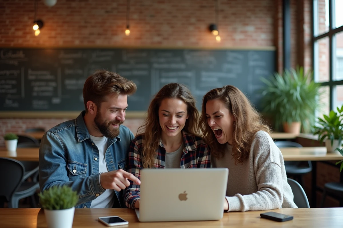 Groupe d'internautes découvrant ensemble la fermeture inattendue d'un site de torrents dans un espace de coworking