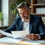 Homme d'affaires en costume bleu examinant des documents immobiliers