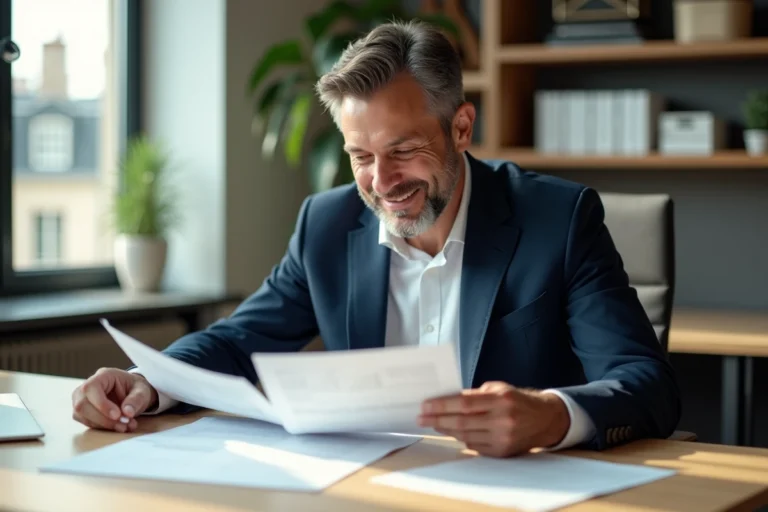 Homme d'affaires en costume bleu examinant des documents immobiliers