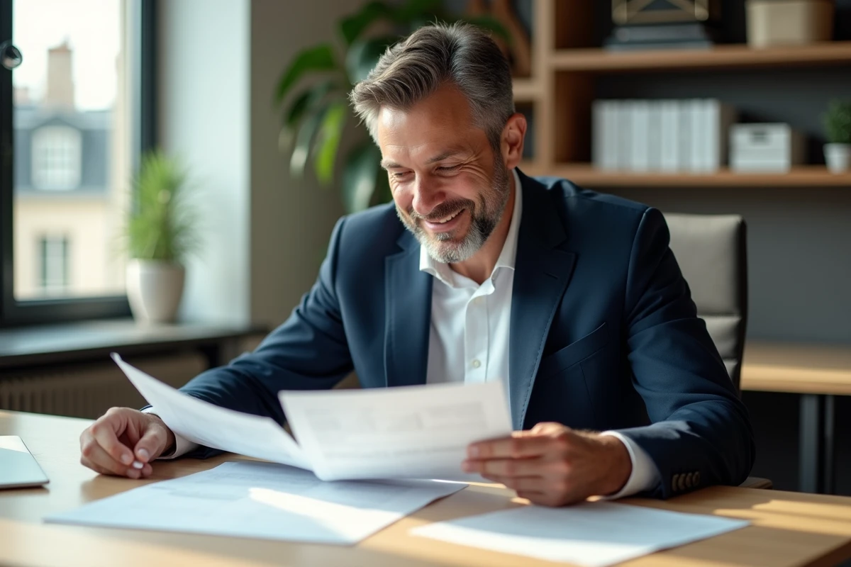 Homme d'affaires en costume bleu examinant des documents immobiliers