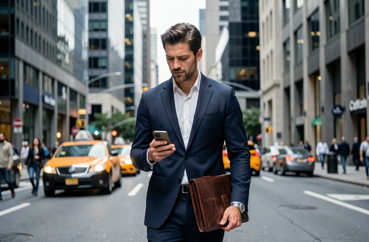 Homme d'affaires moderne marchant dans un quartier financier urbain avec smartphone, illustrant les tendances business 2024