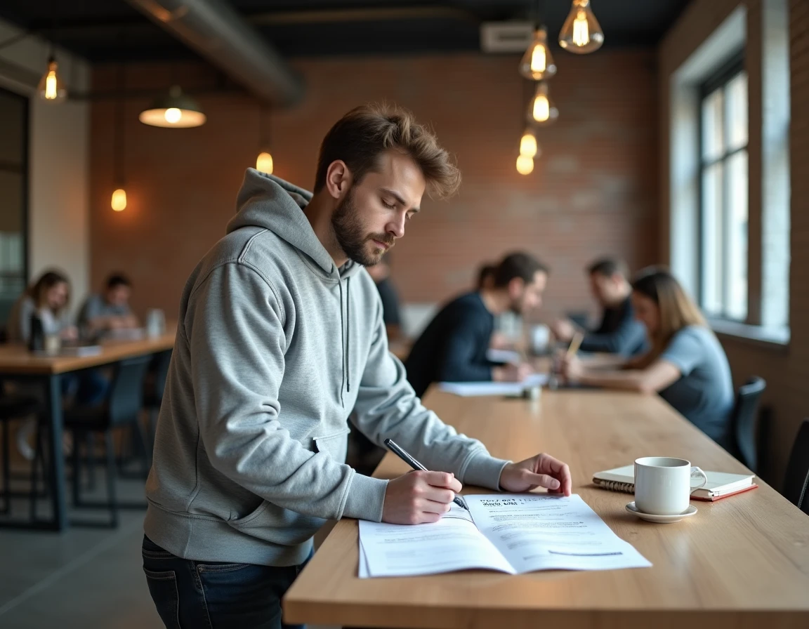 Homme étudiant des supports de certification SEO dans un espace de coworking moderne avec des notes manuscrites