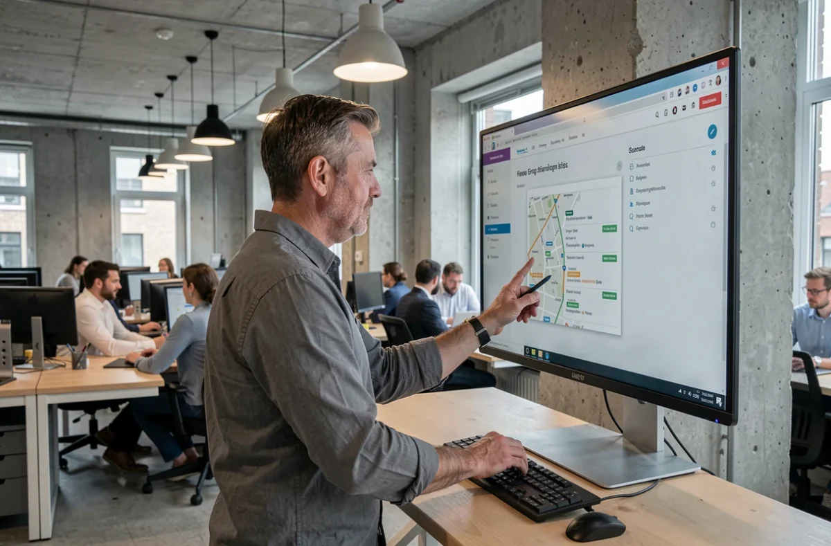 Homme consultant un plan de site structuré sur grand écran dans un bureau professionnel moderne