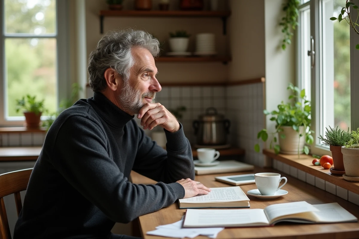 Homme pensif attablé dans une cuisine rustique française avec une tasse de café, atmosphère domestique authentique
