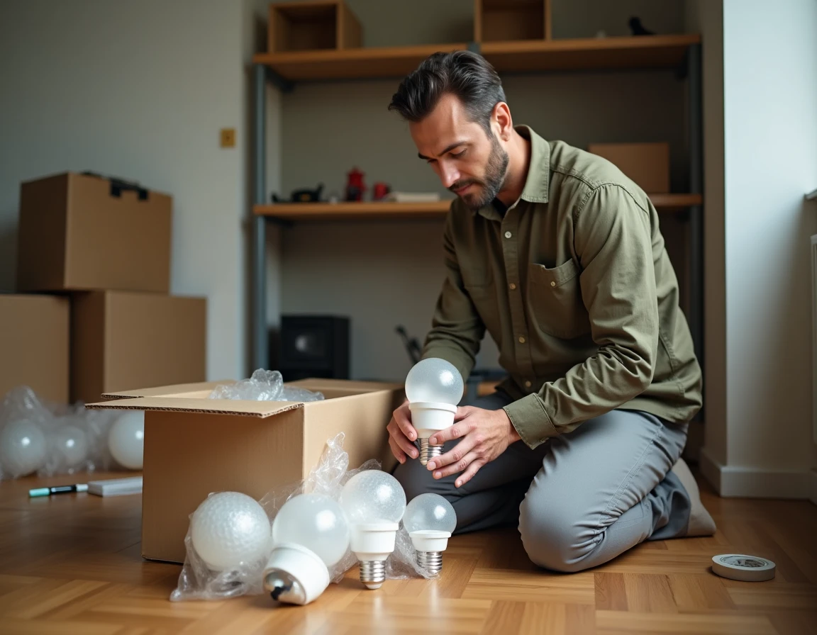 Homme emballant des ampoules dans du papier bulle pendant un déménagement