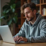 Homme naviguant sur un site de téléchargement depuis son bureau à domicile