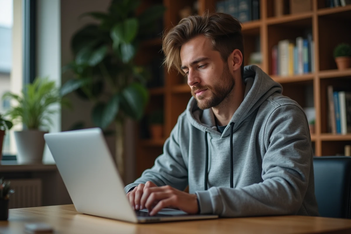 Homme naviguant sur un site de téléchargement depuis son bureau à domicile