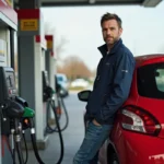 Homme avec voiture Peugeot 208 GTI en station essence