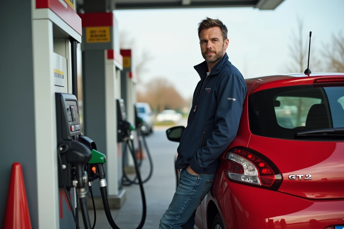 Homme avec voiture Peugeot 208 GTI en station essence