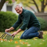 Homme d'âge moyen ratisse des feuilles dans un jardin automnal