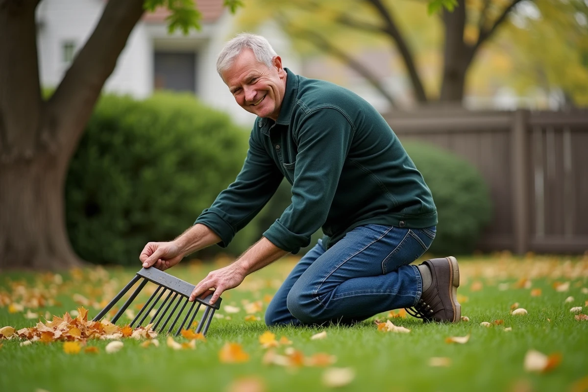 Homme d'âge moyen ratisse des feuilles dans un jardin automnal
