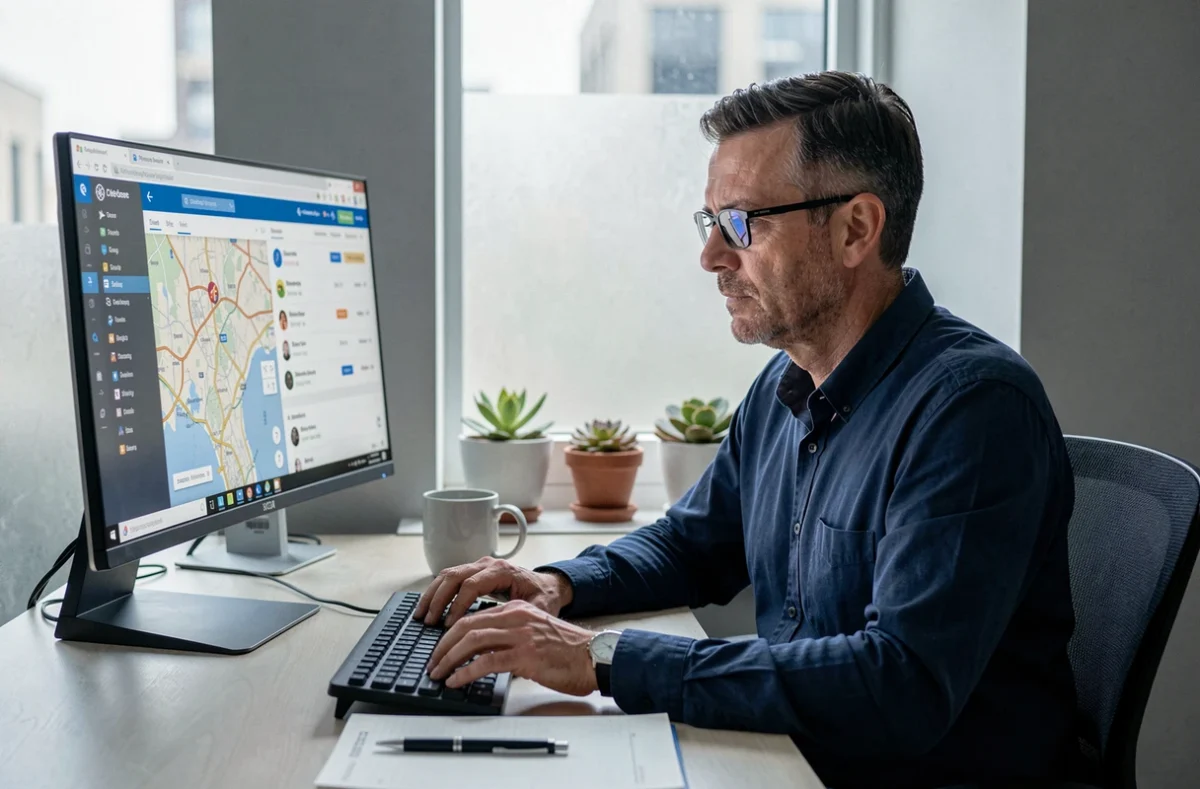 Homme consultant des sites de voyage sur un grand écran dans un bureau à domicile moderne