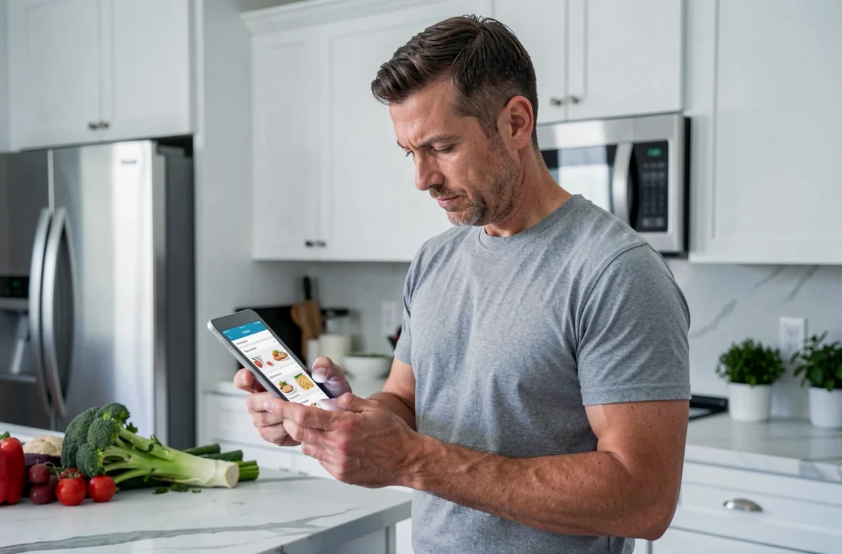 Homme naviguant sur une tablette dans une cuisine moderne pour explorer des régimes alimentaires