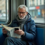 Homme d'âge moyen dans le tram lisant un journal