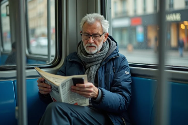 Homme d'âge moyen dans le tram lisant un journal