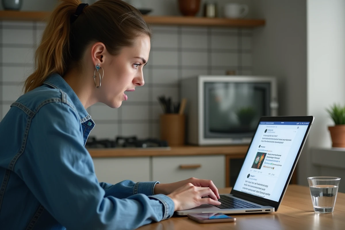 Femme indignée réagissant en ligne à la fermeture surprise d'un site de partage de fichiers torrent