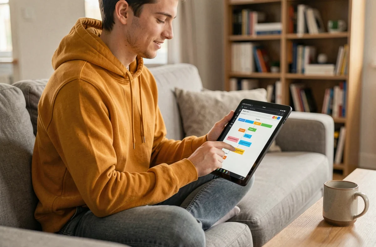 Jeune adulte explorant le plan de site d'un portail de jeux en ligne sur une tablette depuis son salon