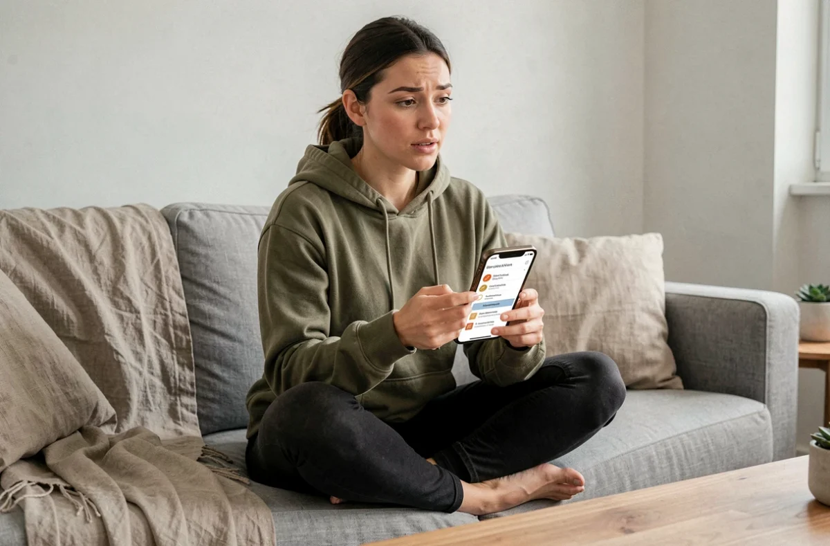 Jeune femme explorant un plan de site de régimes sur smartphone dans un salon minimaliste