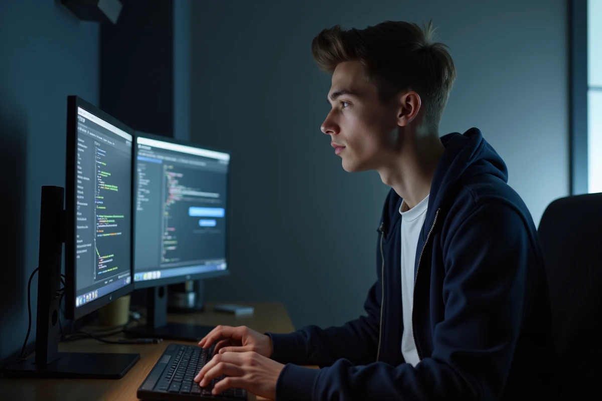 Jeune homme accédant à une nouvelle adresse de site de téléchargement sur un setup PC double écran