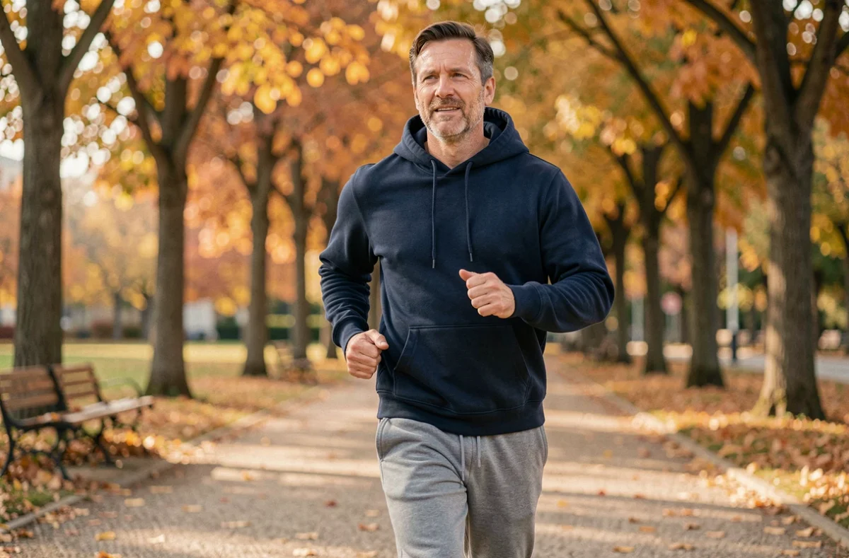 Homme faisant son jogging dans un parc urbain en automne pour améliorer sa santé au quotidien