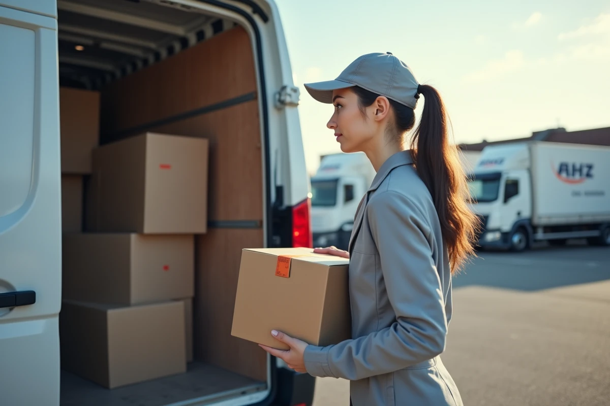 Jeune livreuse chargeant un colis dans une camionnette en extérieur