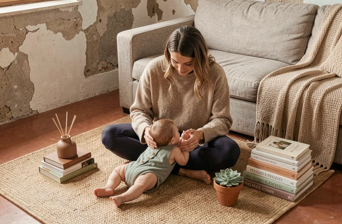 Maman détendue en pull cachemire jouant avec son bébé en romper coton bio sur un tapis jute dans un salon bien-être cosy et minimaliste