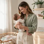 Jeune maman moderne en lin vert sauge tenant son bébé en body blanc brodé dans une chambre bébé scandinave épurée et lumineuse