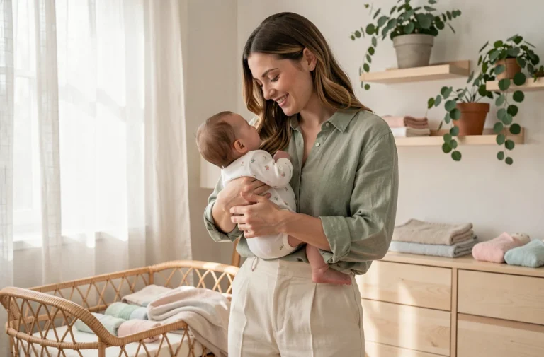 Jeune maman moderne en lin vert sauge tenant son bébé en body blanc brodé dans une chambre bébé scandinave épurée et lumineuse