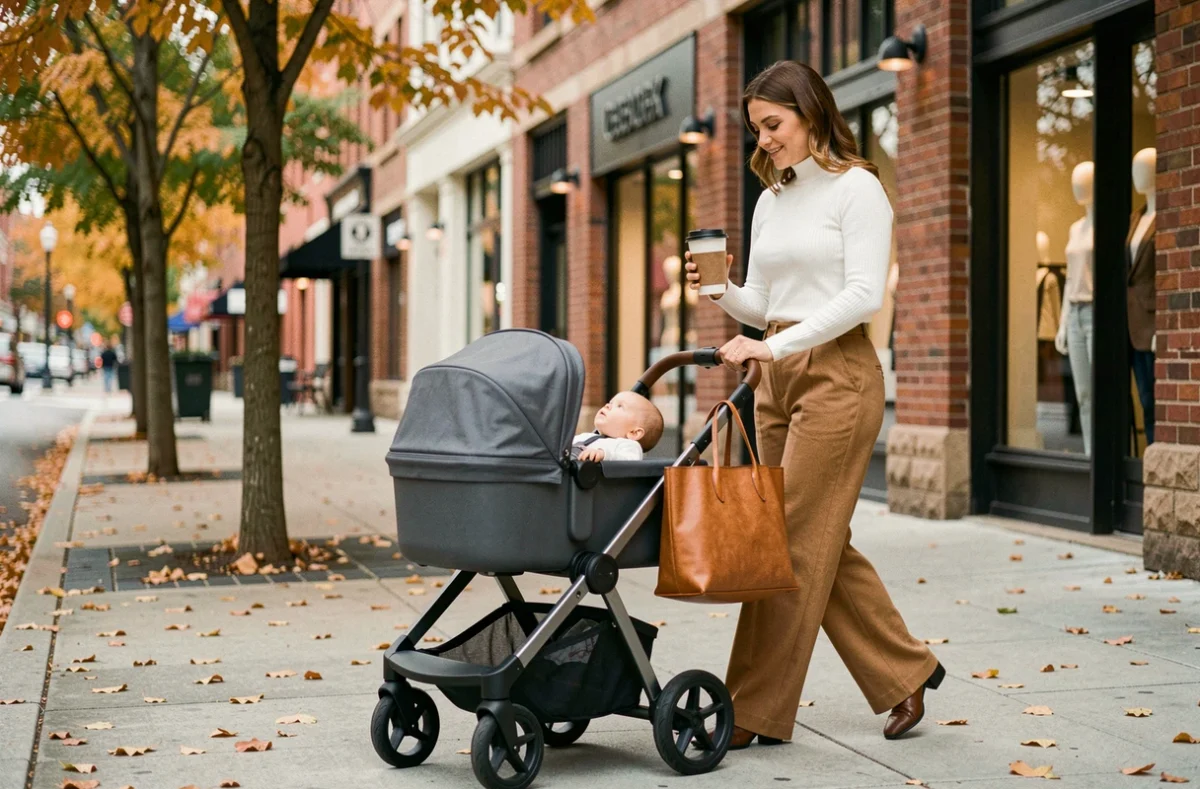 Maman moderne et élégante promenant son bébé en poussette design dans une rue urbaine aux couleurs automnales