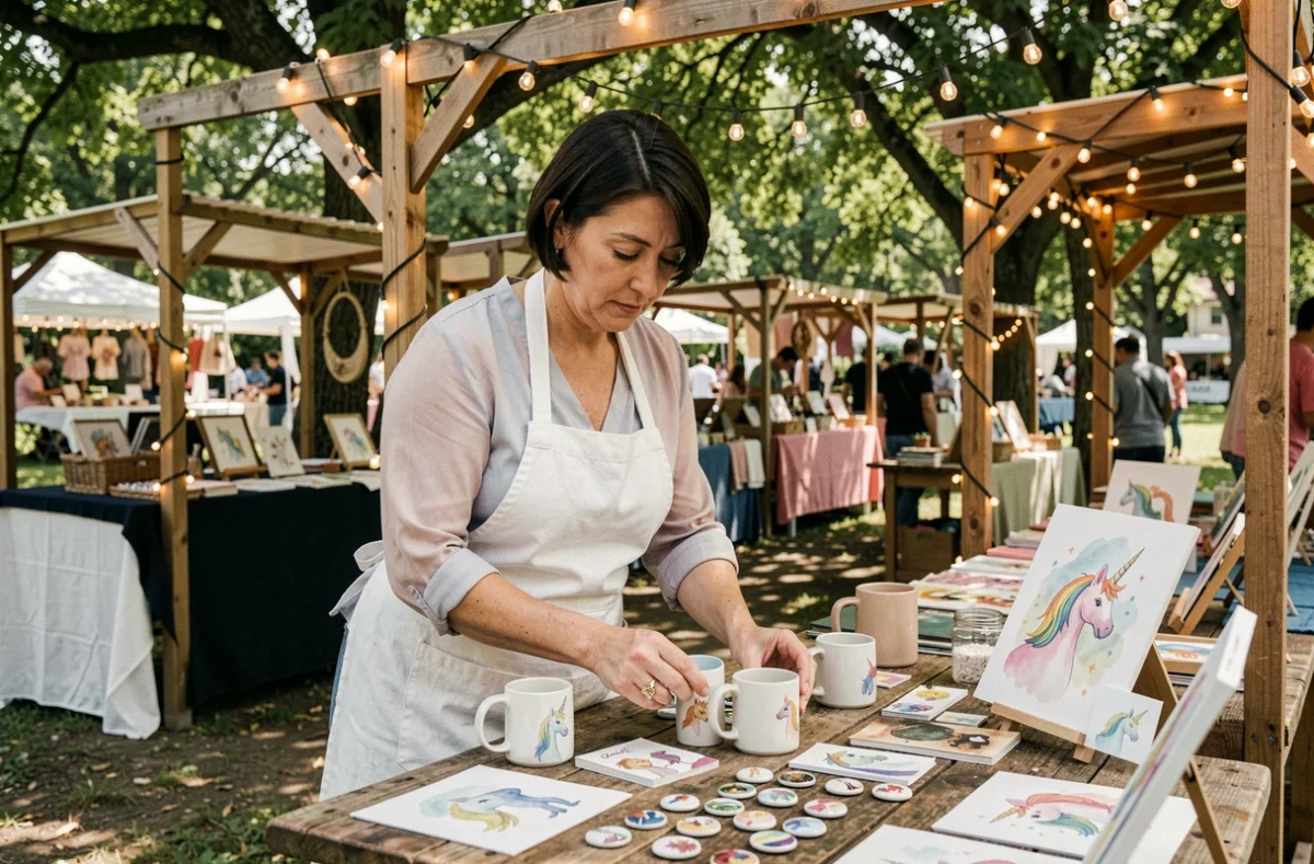 Vendeuse arrangeant des créations artisanales sur le thème des licornes sur un stand de marché créatif en plein air