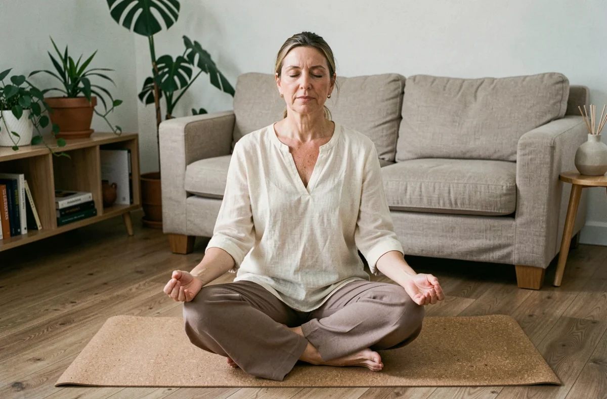 Femme pratiquant la méditation et le yoga dans un salon apaisant pour prendre soin de sa santé mentale