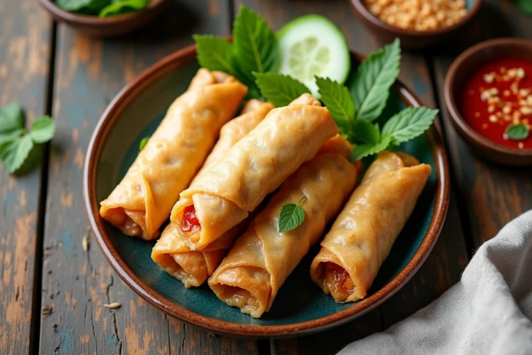 Assiette de nems dorés et croustillants servis avec sauce nuoc-cham, menthe fraîche et concombre sur une table en bois rustique