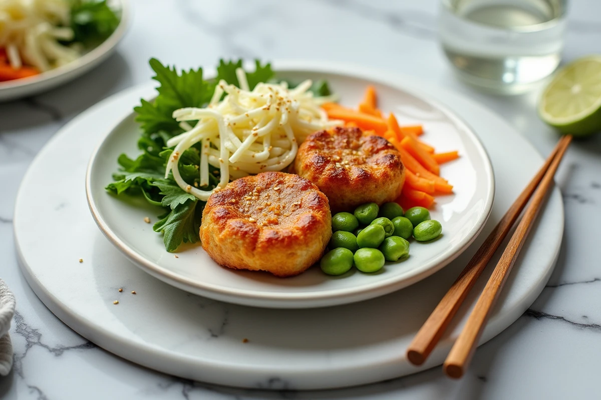 Repas équilibré avec nems au four, salade de légumes frais, edamame et graines de sésame sur fond de marbre gris