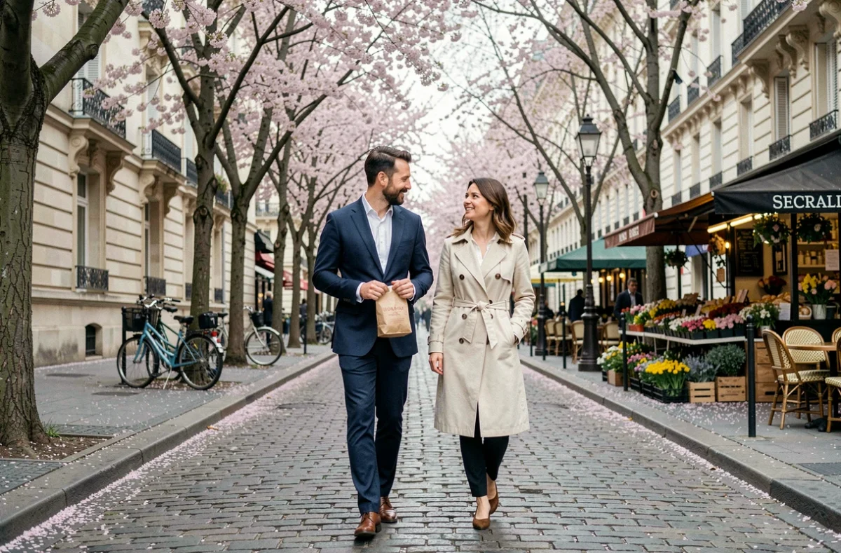 Couple se promenant sur un boulevard parisien au printemps, vie quotidienne de Philippe Coelho et Anne-Élisabeth
