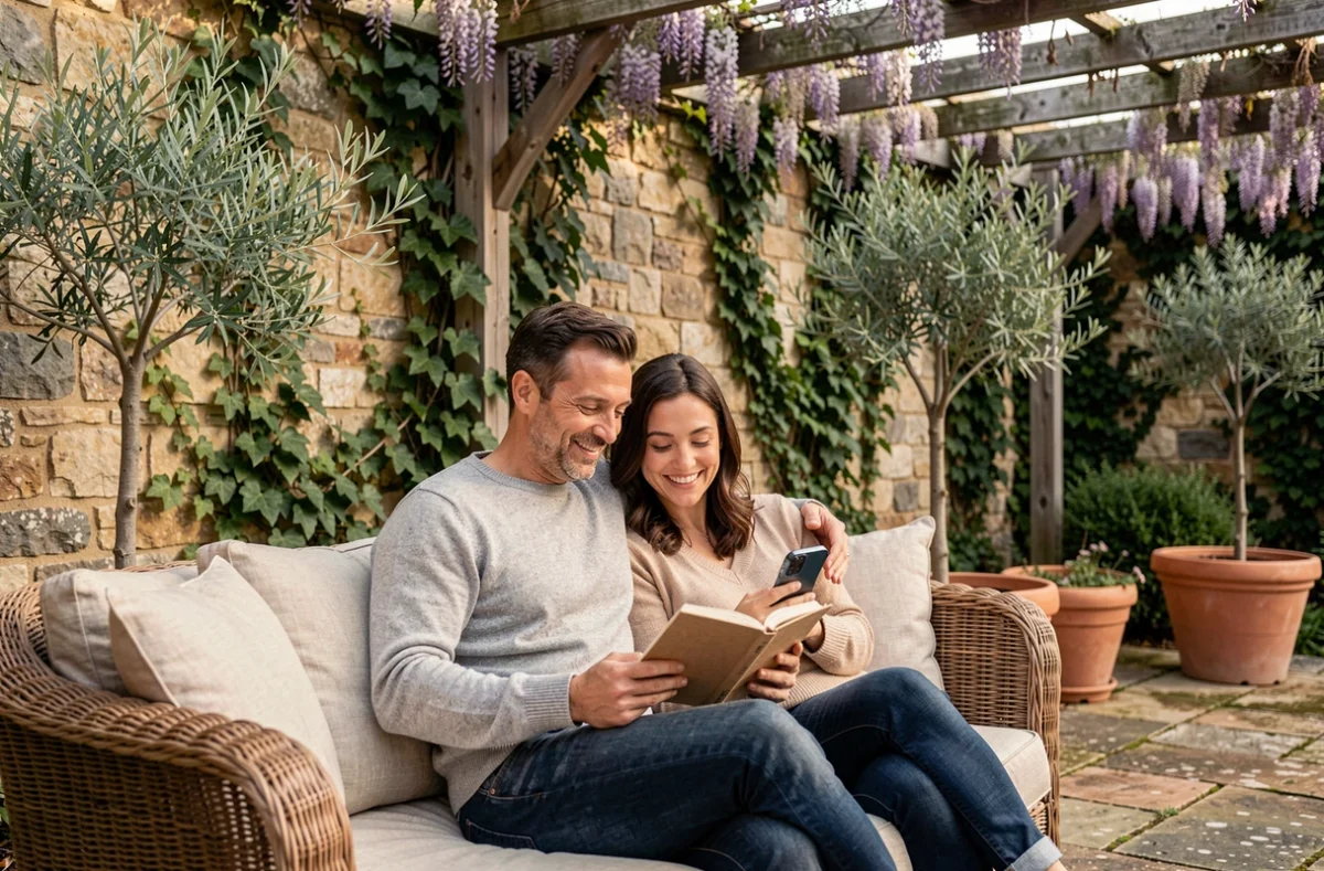 Philippe Coelho et Anne-Élisabeth détendus sur une terrasse de jardin en France, vie de couple en 2026