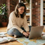 Femme planifiant un voyage en ligne entourée de cartes et de guides de voyage sur un plancher en bois