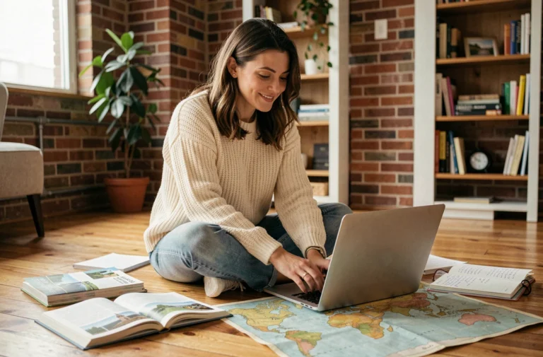 Femme planifiant un voyage en ligne entourée de cartes et de guides de voyage sur un plancher en bois