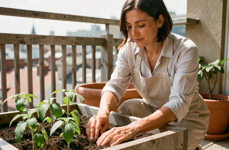 Femme soignant des plants de tomates dans un bac en bois sur un balcon urbain ensoleillé