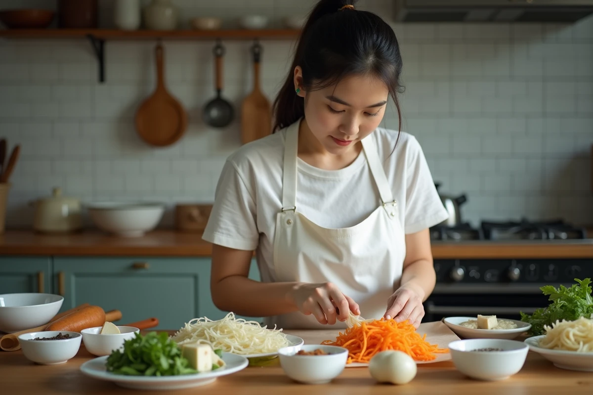 Femme préparant des nems maison avec des légumes frais, tofu et herbes aromatiques dans une cuisine moderne