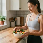 Femme préparant un repas sain avec des légumes frais et des céréales complètes dans une cuisine moderne
