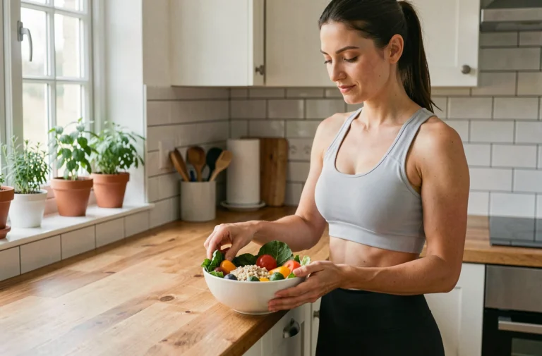 Femme préparant un repas sain avec des légumes frais et des céréales complètes dans une cuisine moderne