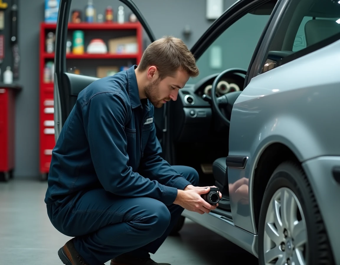 Technicien automobile déconnectant le module BSI sous le tableau de bord d'une Peugeot 307 HDI dans un garage