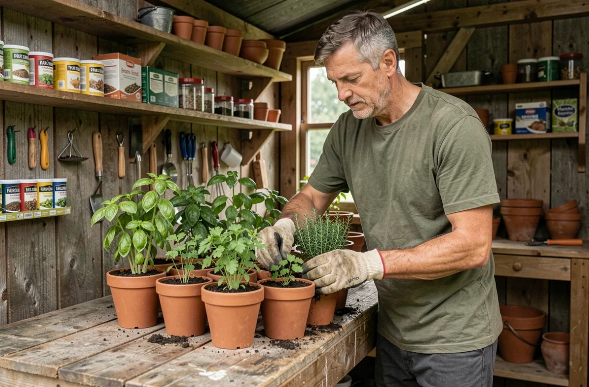 Homme rempotant des herbes aromatiques dans un abri de jardin rustique avec des outils et des sachets de graines