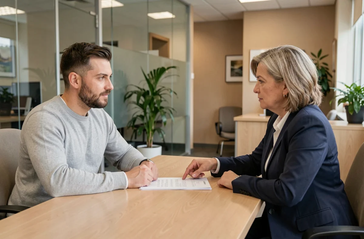 Homme en réunion avec un conseiller bancaire pour discuter des options de crédit personnalisé