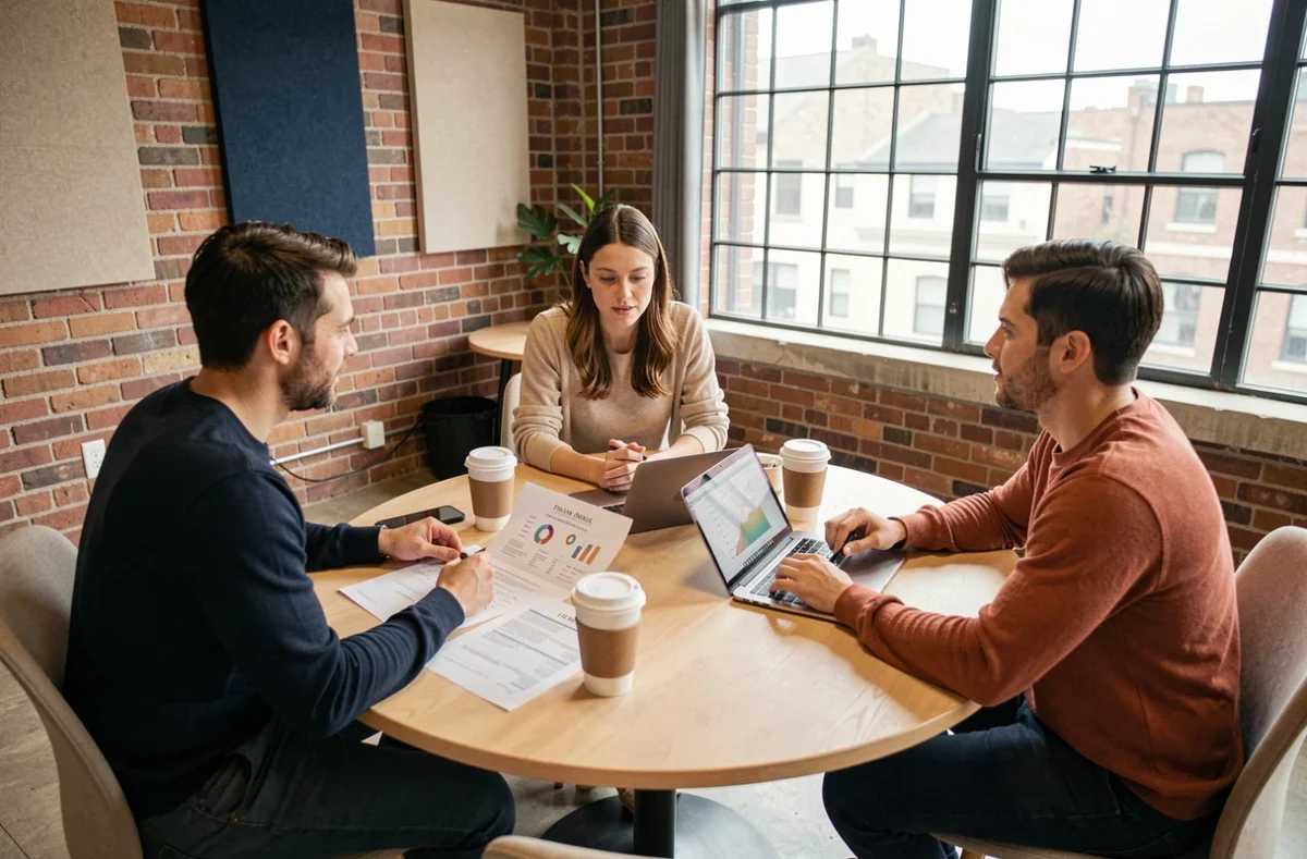 Équipe de professionnels en réunion stratégique autour d'une table dans un espace de coworking tendance