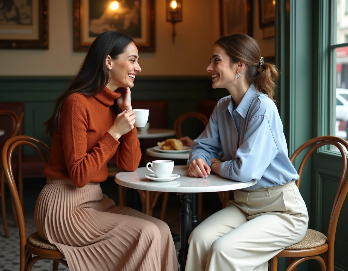 Deux femmes tendance aux tenues colorées discutant autour d'un café dans un bistrot parisien vintage