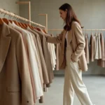 Femme élégante en blazer oversize beige explorant les tendances mode dans une boutique parisienne minimaliste