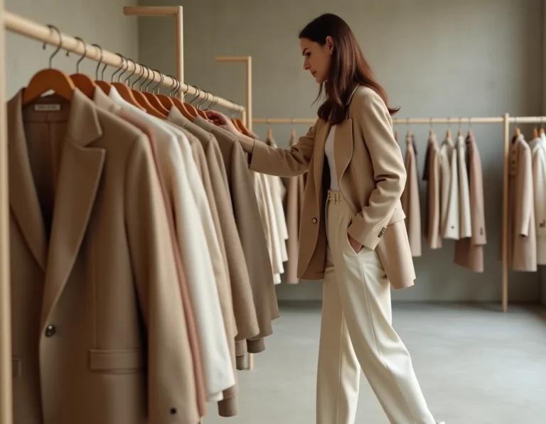 Femme élégante en blazer oversize beige explorant les tendances mode dans une boutique parisienne minimaliste