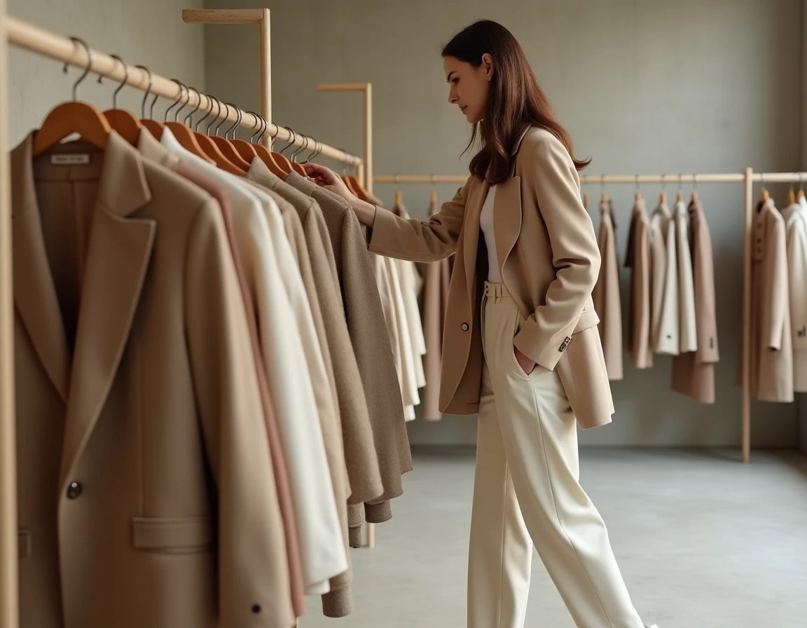 Femme élégante en blazer oversize beige explorant les tendances mode dans une boutique parisienne minimaliste